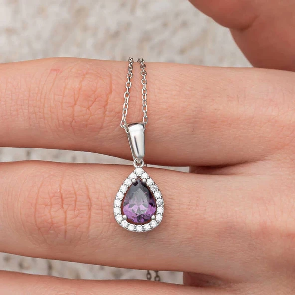 Gümüş Damla Mor Taşlı Kadın Kolye - Resim 4