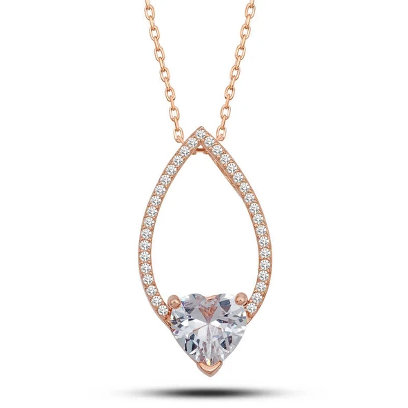 Gümüş Rose Kalp Beyaz Taşlı Damla Kadın Kolye ürün görseli