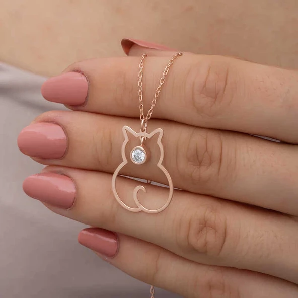 Gümüş Nisan Ayı Doğum Taşı Kedi Kadın Kolye - Resim 3