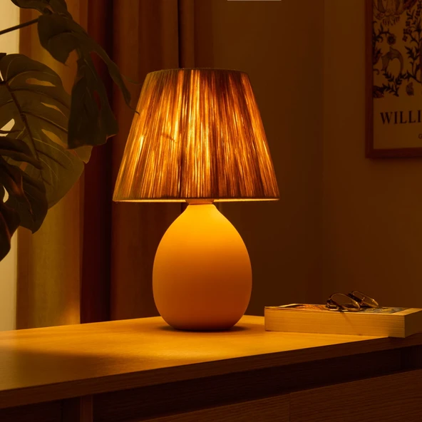 Design Rond Seramik Abajur - Hardal / Sarı - 37x24x24 cm - Resim 2