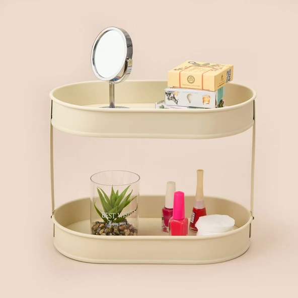 Bath 2 Katlı Oval Organizer - Krem - 32,5x19 cm - Resim 2