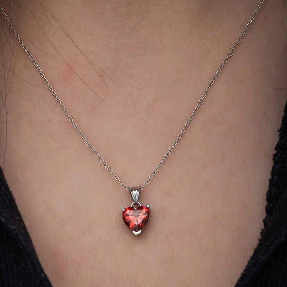 Gümüş Kırmızı Taşlı Kalpli Kadın Kolye - Resim 5