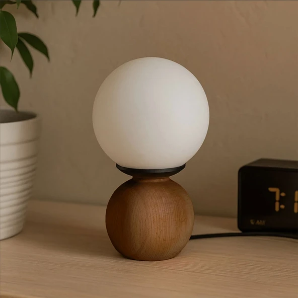 Lighting Opal Cam Top Abajur - Ceviz / Beyaz - 26x15x15 cm ürün görseli 1