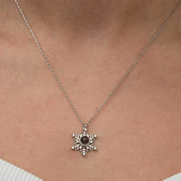 Gümüş 100 Dilde Seni Seviyorum Kar Tanesi Kadın Kolye - Resim 4