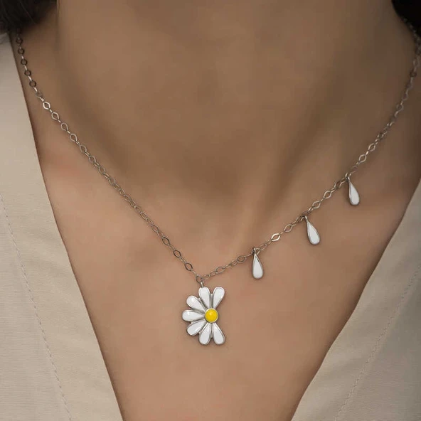 Gümüş Rodyum Papatya Seviyor Sevmiyor Bayan Kolye - Resim 3