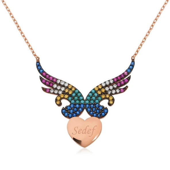 Gümüş Kişiye Özel İsimli Kanatlı Kalp Bayan Kolye ürün görseli 1