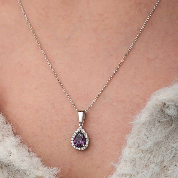 Gümüş Damla Mor Taşlı Kadın Kolye - Resim 3