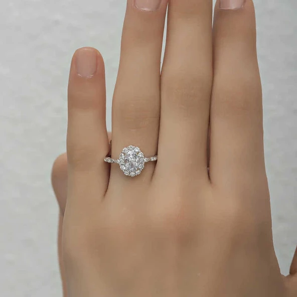 Gümüş Beyaz Oval Taşlı Kadın Yüzük - Resim 5