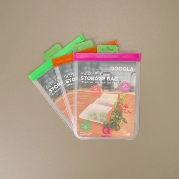Yıkanabilir 3'lü Gıda Saklama Poşeti - Renkli - 19x25 cm ürün görseli
