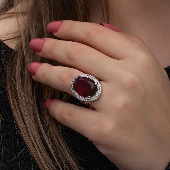 Gümüş Kırmızı Oval Taşlı Kadın Yüzük - Resim 2