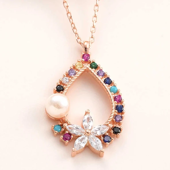 Gümüş Rose Renkli Taşlı Çiçekli Kadın Kolye ürün görseli 1