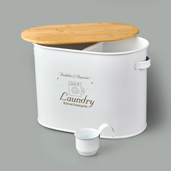 Bath 2 Bölmeli Ahşap Kapaklı Metal Deterjan Kutusu - Beyaz - 12 lt - Resim 2