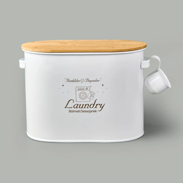 Bath 2 Bölmeli Ahşap Kapaklı Metal Deterjan Kutusu - Beyaz - 12 lt ürün görseli