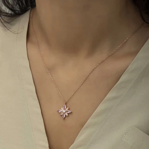 Gümüş Rose Pembe Taşlı Umut Çiçeği Kolye - Resim 3