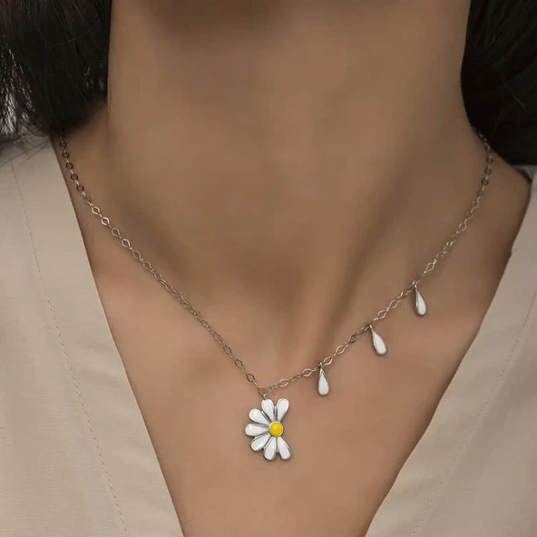 Gümüş Rodyum Papatya Seviyor Sevmiyor Bayan Kolye - Resim 4