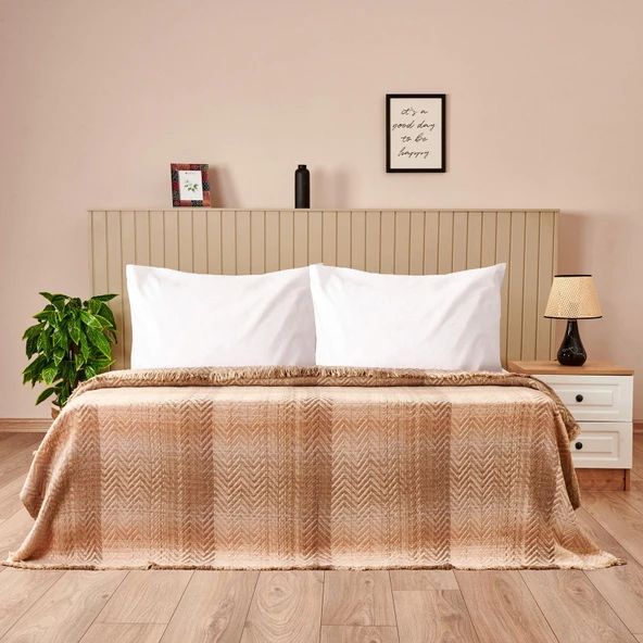 Soft Nevira Pamuklu Çift Kişilik Battaniye - Bej - 200x220 cm ürün görseli 1