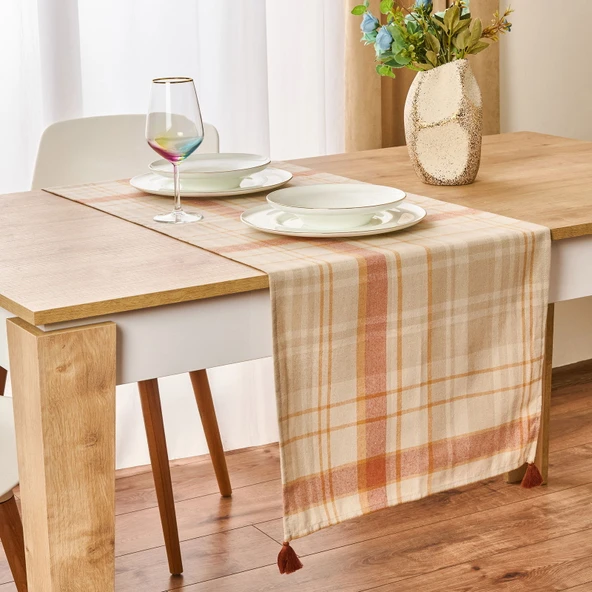 Ekose Runner - Ekru / Kiremit - 45x150 cm ürün görseli