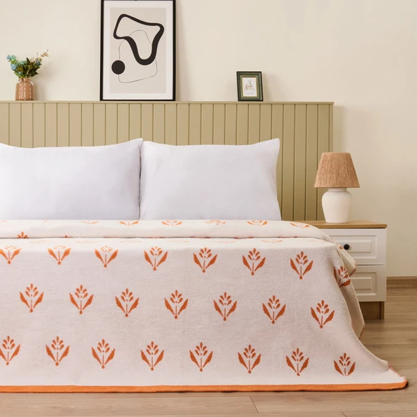 Soft Elias Pamuklu Çift Kişilik Battaniye - Ekru / Turuncu - 200x220 cm ürün görseli