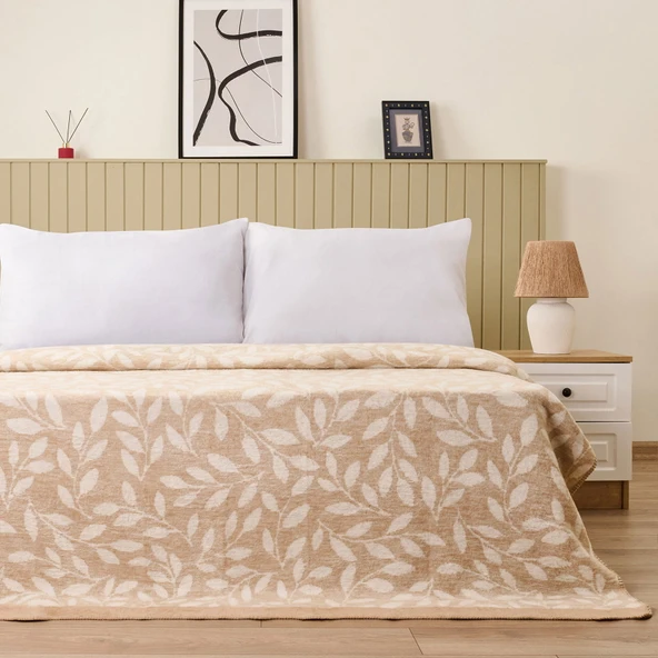 Soft Sprig Pamuklu Çift Kişilik Battaniye - Bej - 200x220 cm ürün görseli