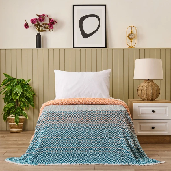 Soft Zemira Pamuklu Tek Kişilik Battaniye - Mavi / Turuncu - 150x200 cm ürün görseli