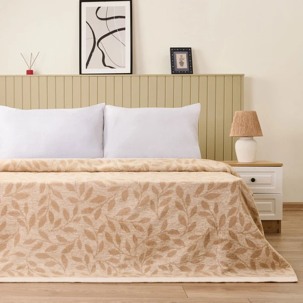 Soft Sprig Pamuklu Çift Kişilik Battaniye - Bej - 200x220 cm - Resim 2