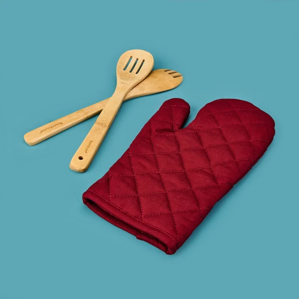 Gabardin Fırın Eldiveni - Kırmızı - 17x30 cm - Resim 2