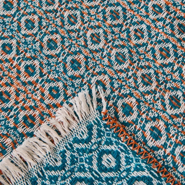 Soft Zemira Pamuklu Çift Kişilik Battaniye - Mavi / Turuncu - 200x220 cm - Resim 3