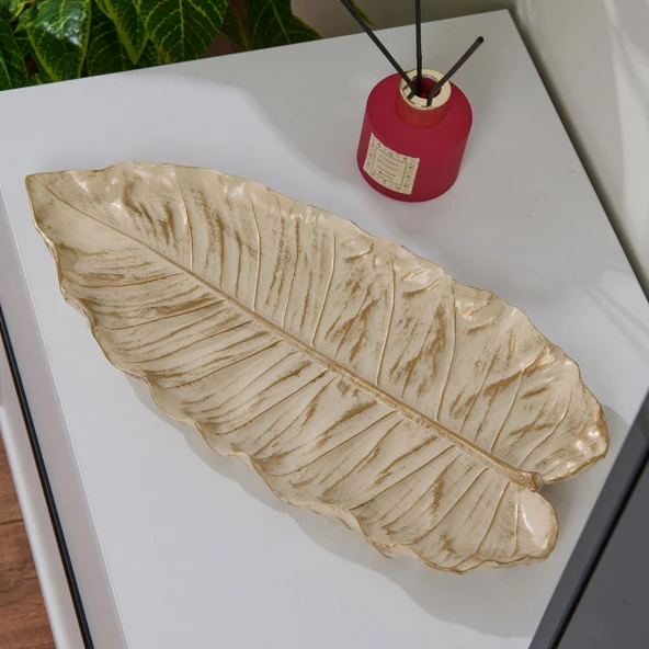 Deco Leaf Dekoratif Tabak - Beyaz / Gold - 37x16 cm - 1