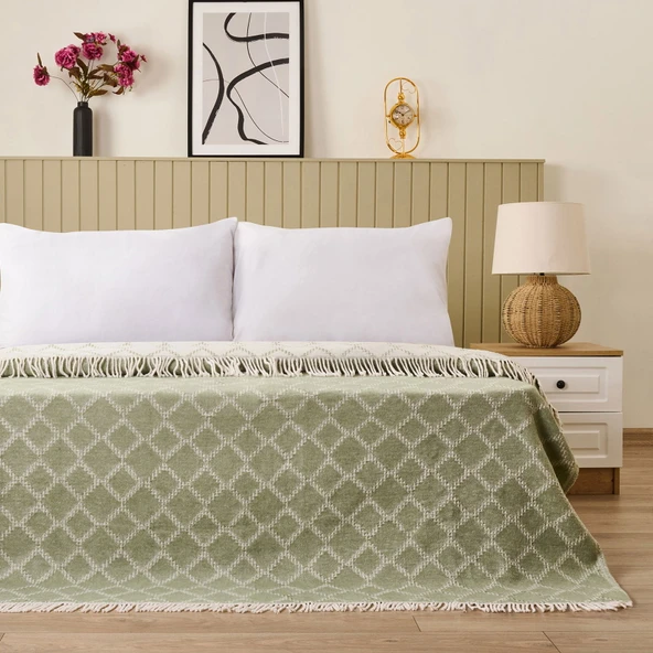 Soft Zivra Pamuklu Çift Kişilik Battaniye - Yeşil - 200x220 cm ürün görseli