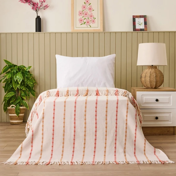 Soft Elvia Pamuklu Tek Kişilik Battaniye - Krem - 150x200 cm ürün görseli 1