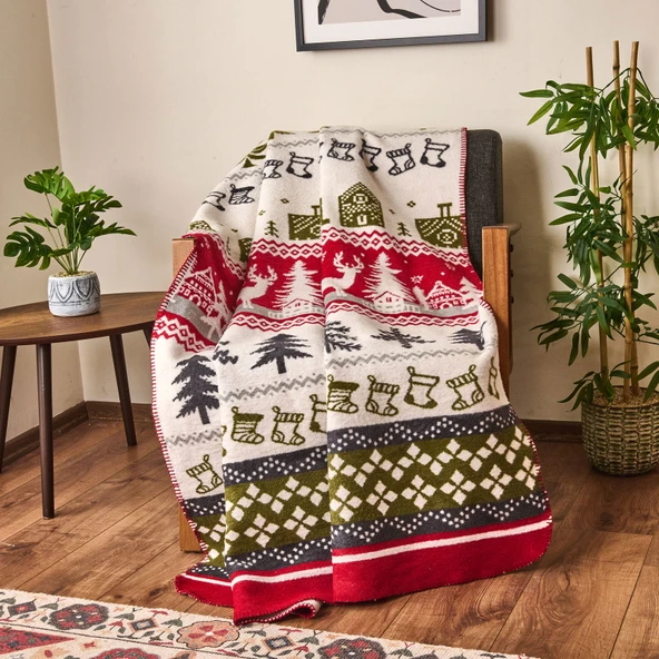 Soft Nordic Pamuklu Tv Battaniyesi - Kırmızı / Yeşil - 130x170 cm ürün görseli