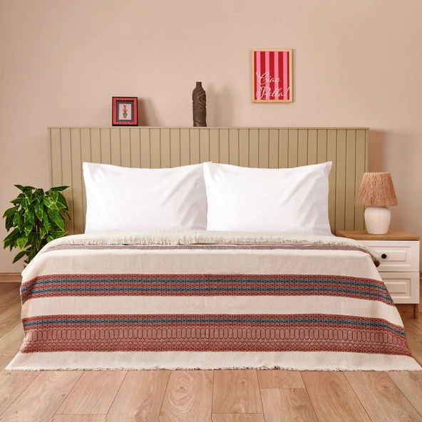 Soft Marun Çift Kişilik Yatak Örtüsü - Ekru / Kırmızı - 200x230 cm ürün görseli