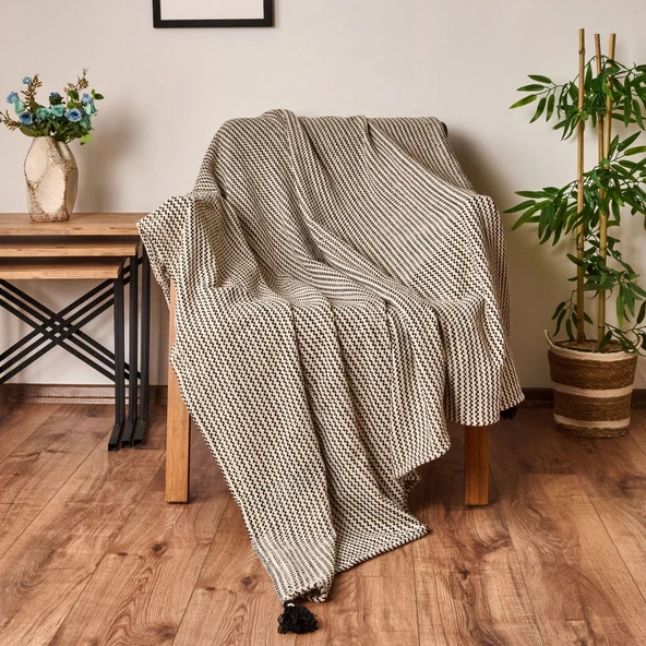 Soft Shiny Koltuk Şalı - Bej / Siyah - 130x170 cm ürün görseli 1