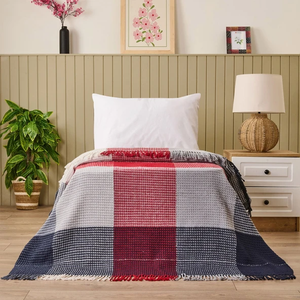 Soft Vintera Pamuklu Tek Kişilik Battaniye - Kırmızı / Lacivert - 150x200 cm ürün görseli
