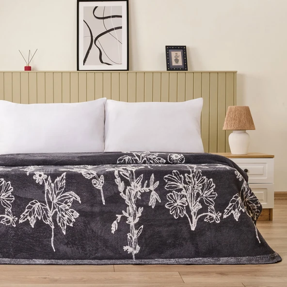 Soft Davi Pamuklu Çift Kişilik Battaniye - Ekru / Antrasit - 200x220 cm - Resim 2