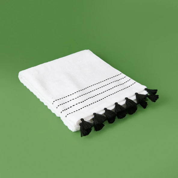 Soft Püsküllü Yüz Havlusu - Beyaz / Siyah - 50x90 cm - Resim 2