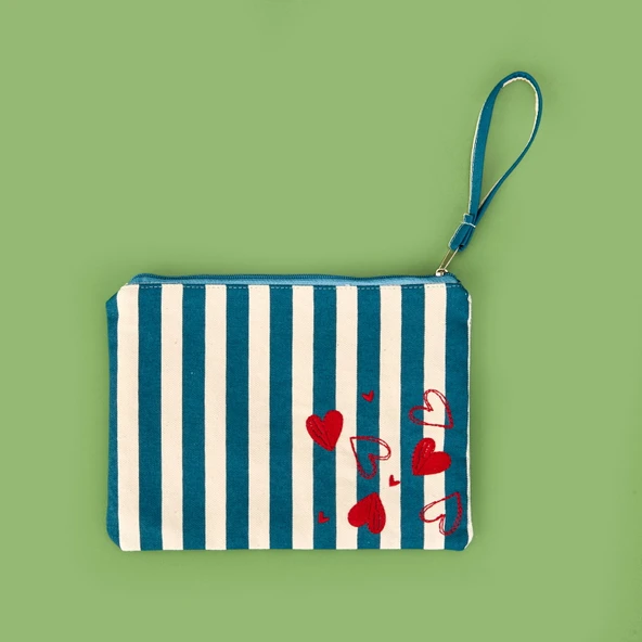 Çizgili Kalp Detaylı Kozmetik Çantası - Mavi / Bej - 16x25 cm ürün görseli