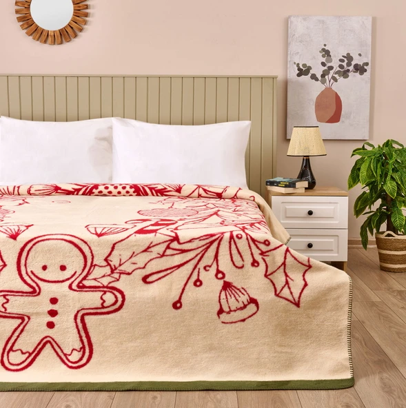 Soft Kurabiye Adam Pamuklu Çift Kişilik Battaniye - Kırmızı / Ekru - 200x220 cm ürün görseli