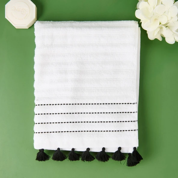 Soft Püsküllü Yüz Havlusu - Beyaz / Siyah - 50x90 cm ürün görseli 1