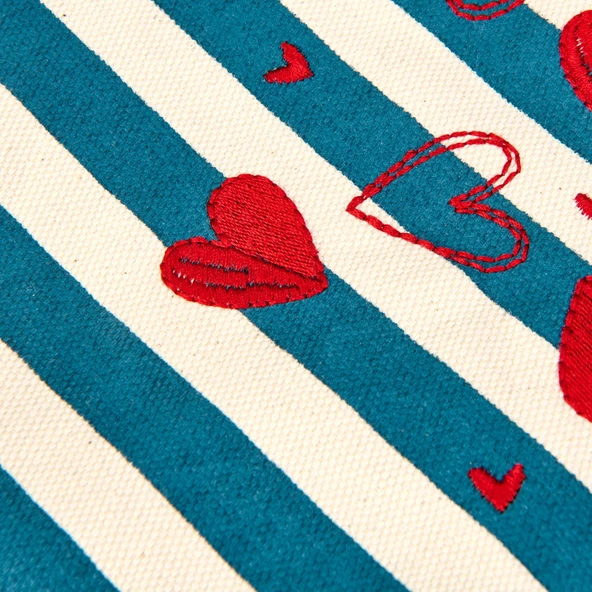 Çizgili Kalp Detaylı Kozmetik Çantası - Mavi / Bej - 16x25 cm - Resim 2