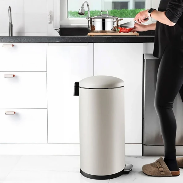 Bombe Kapaklı Çelik Çöp Kovası - Krem - 40 lt ürün görseli