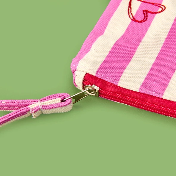 Çizgili Kalp Detaylı Kozmetik Çantası - Pembe / Bej - 16x25 cm - 2