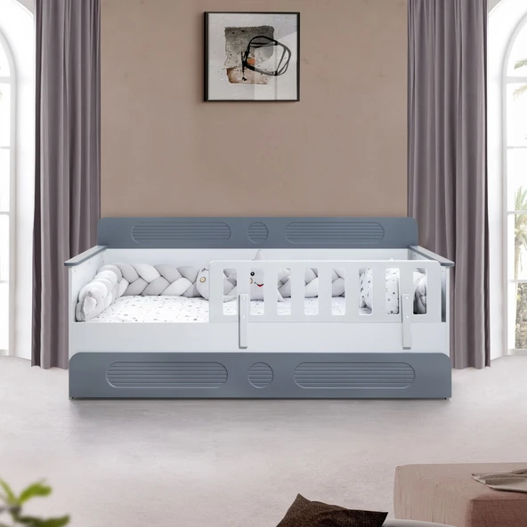 Flora Çocuk Odası Takımı, Flora Yavrulu Karyola, Vira 4 Kapaklı Dolap, Şifonyer, Kitaplık - Gri - 3