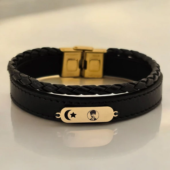 14 Ayar Altın Plakalı Sembole Özel Ay Yıldız Motifli Hakiki Siyah Derili Hediye Bileklik-612 ürün görseli