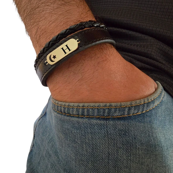 14 Ayar Altın Plakalı Harfe Özel Hakiki Siyah Derili Ay Yıldız Motifli Hediye Bileklik-612 - Resim 2