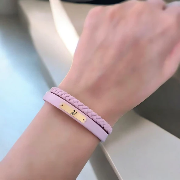 14 Ayar Altın Plakalı Harfe Özel Doğal Pembe Derili Dikdörtgen Figürlü Hediye Bileklik-613 - Resim 2