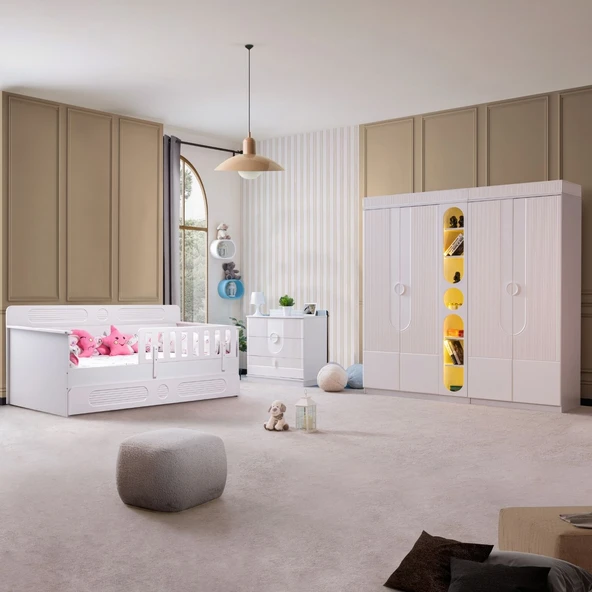 Flora Çocuk Odası Takımı, Flora Yavrulu Karyola, Vira 4 Kapaklı Dolap, Şifonyer, Kitaplık - Beyaz ürün görseli