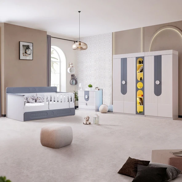 Flora Çocuk Odası Takımı, Flora Yavrulu Karyola, Vira 4 Kapaklı Dolap, Şifonyer, Kitaplık - Gri