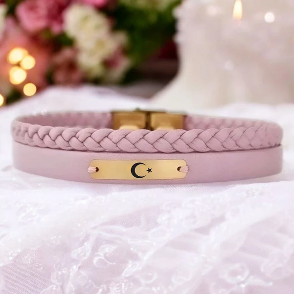 14 Ayar Altın Plakalı Burca Özel Doğal Pembe Derili Dikdörtgen Figürlü Hediye Bileklik-613 ürün görseli