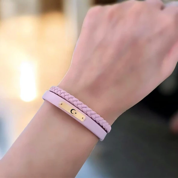 14 Ayar Altın Plakalı Burca Özel Doğal Pembe Derili Dikdörtgen Figürlü Hediye Bileklik-613 - Resim 2